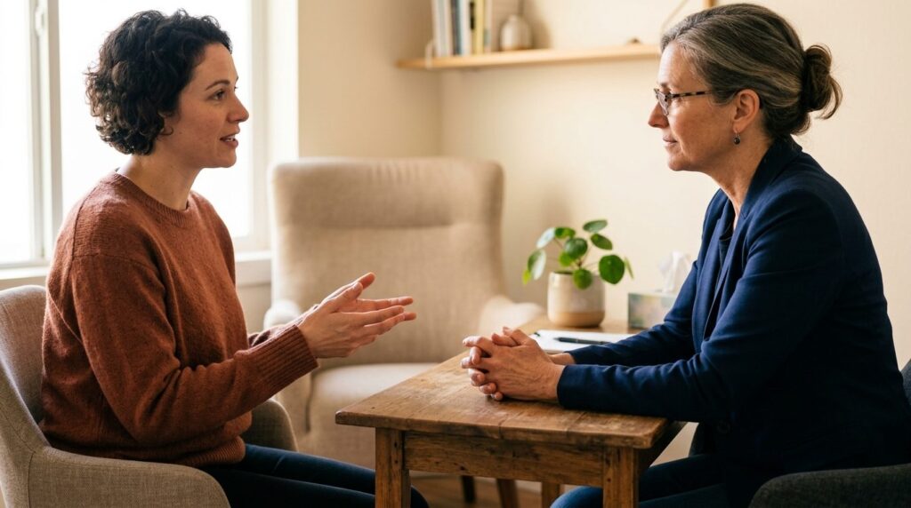 Close-up shot of two people in a therapy session showing han