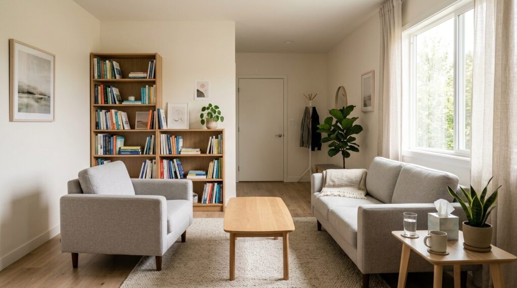 Wide shot of a modern therapy office interior with comfortab